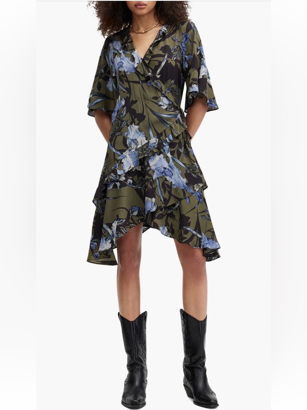 AllSaints Meagan Floral Print Wrap Dress In Deep Khaki Green